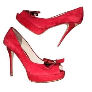 Guess Tulle red suede leather peep toe platform stiletto heels with bow size 9